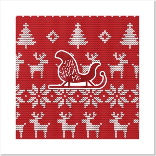 You SLEIGH me! Funny Christmas design of a sleigh (play on the word SLAY me) atop a Christmas sweater background Posters and Art